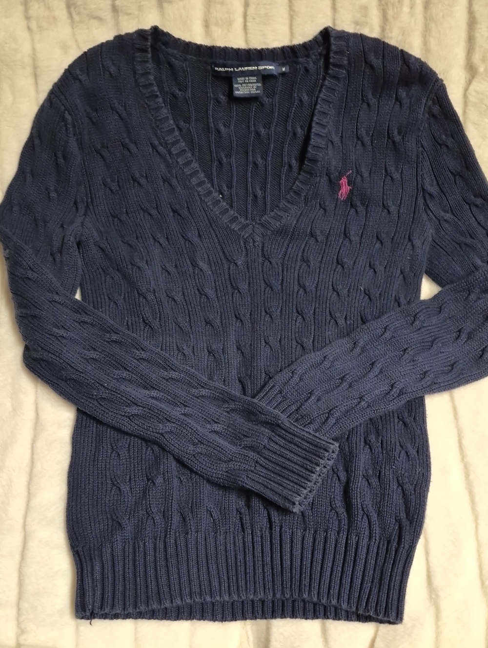 Ralph Lauren Navy Cable Knit V-Neck Sweater with Pink Pony